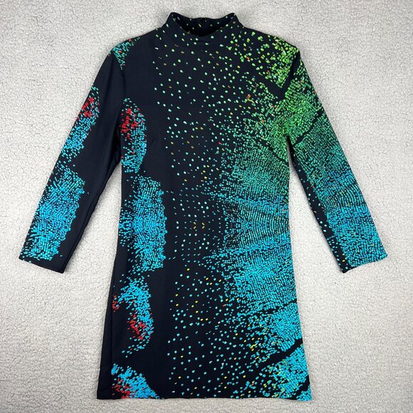 Akris Punto Dress Women 4 Black Multi Butterfly Wing Print Mock Neck Long Sleeve
